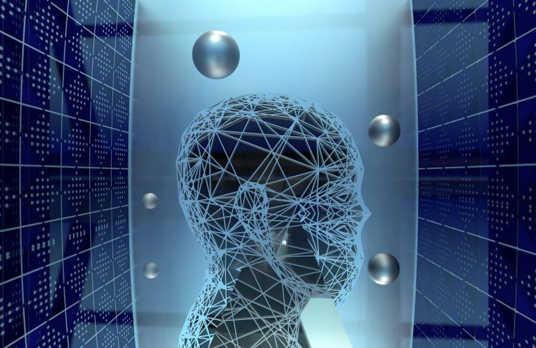 Kopf mit digitalem Netzwerkdesign und schwebenden Kugeln in einer futuristischen Umgebung.